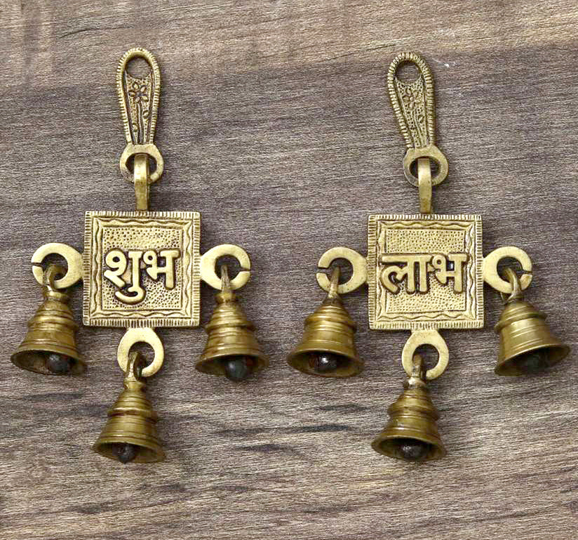 NOBILITY Brass Subh Labh Bells Wall Hanging Idol Decorative Showpiece Antique Finish Wall Art Decor Statue