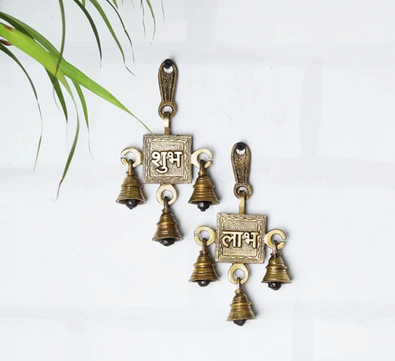 NOBILITY Brass Subh Labh Bells Wall Hanging Idol Decorative Showpiece Antique Finish Wall Art Decor Statue